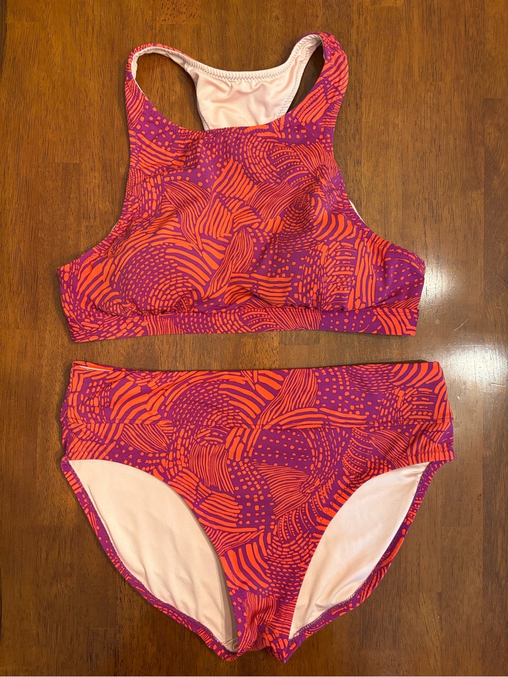 High-Neck Two-Piece Bikini in Pink and Orange Print
